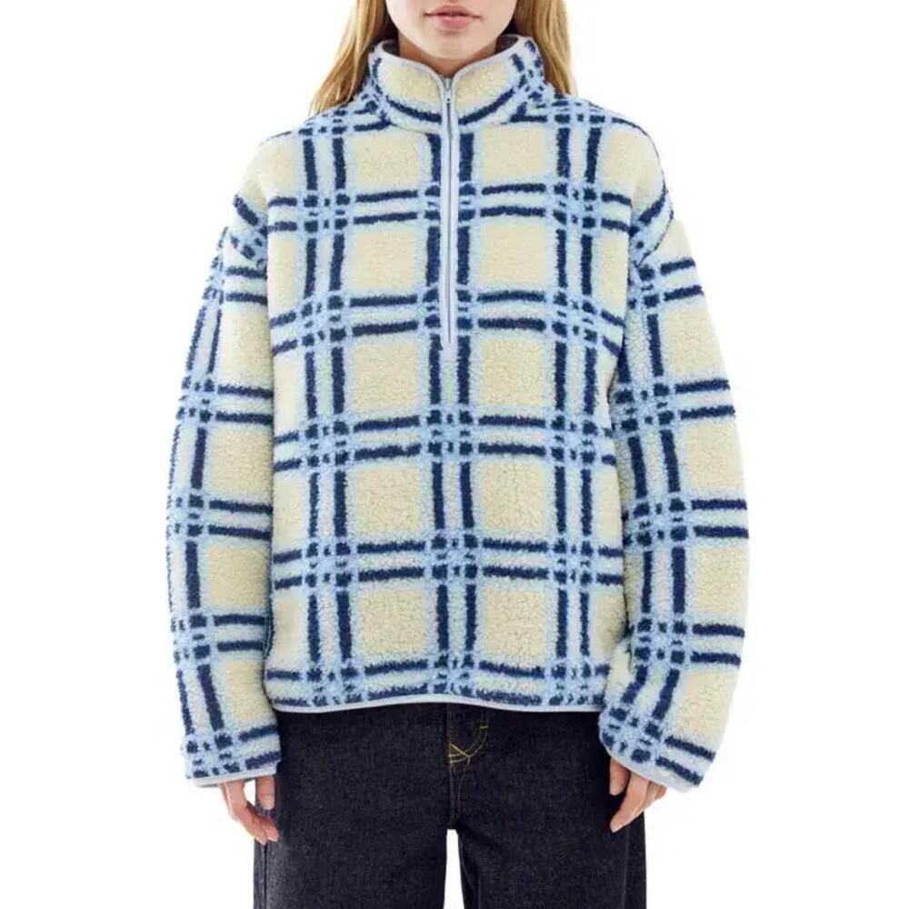 NEW BDG Urban Outfitters Ecru Blue Check Preppy Print Fleece Quarter Zip Sweater